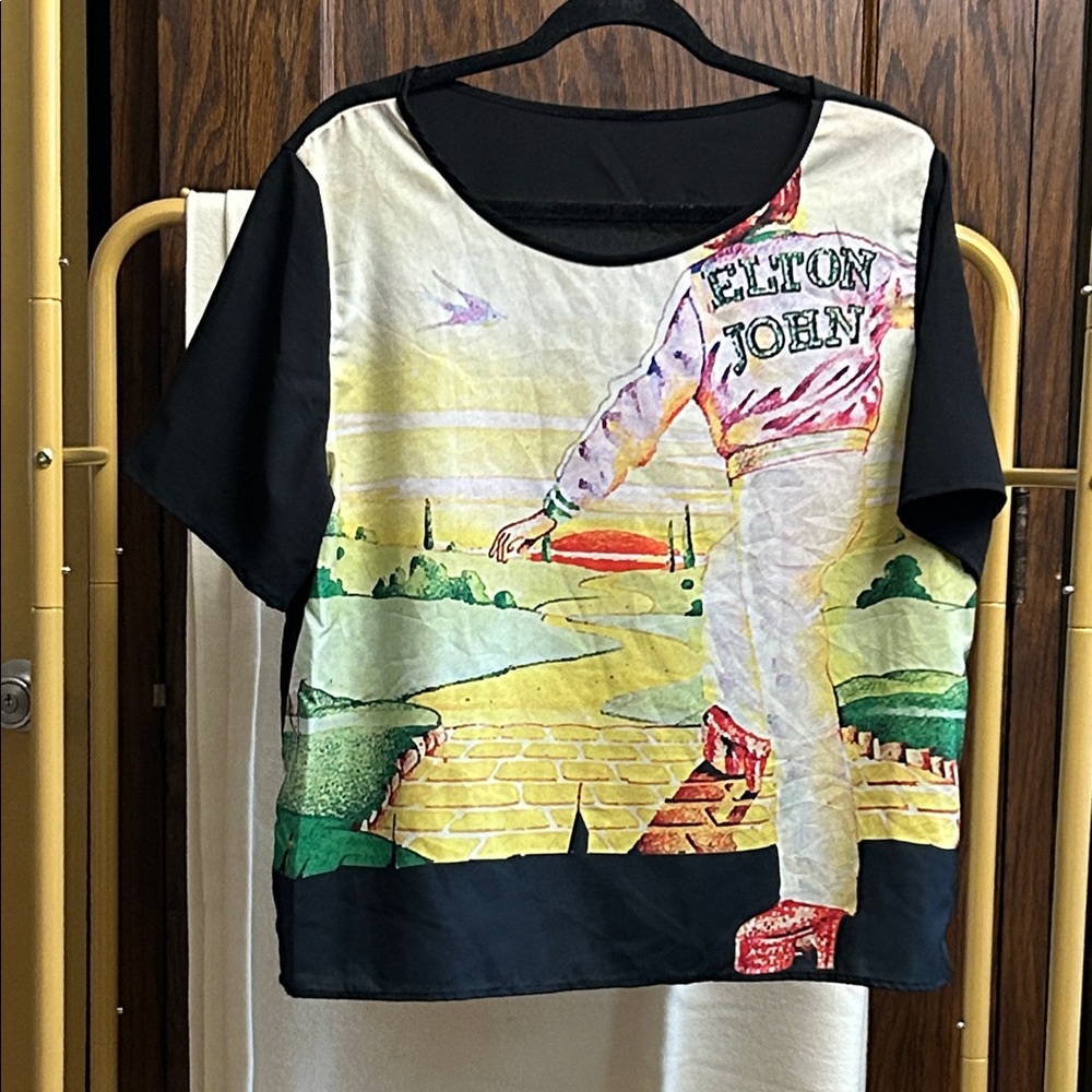 Elton John Graphic Tee - lightweight poly/satiny feel goodbye yellow brick road
